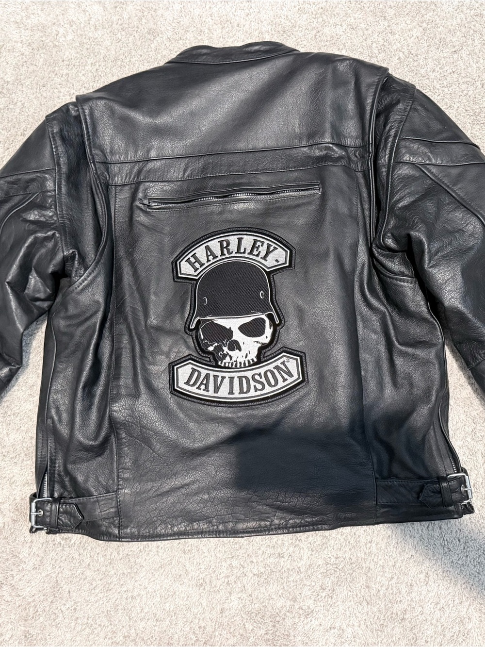 Black Leather insulated riding Jacket with Harley Davidson Skull Patch